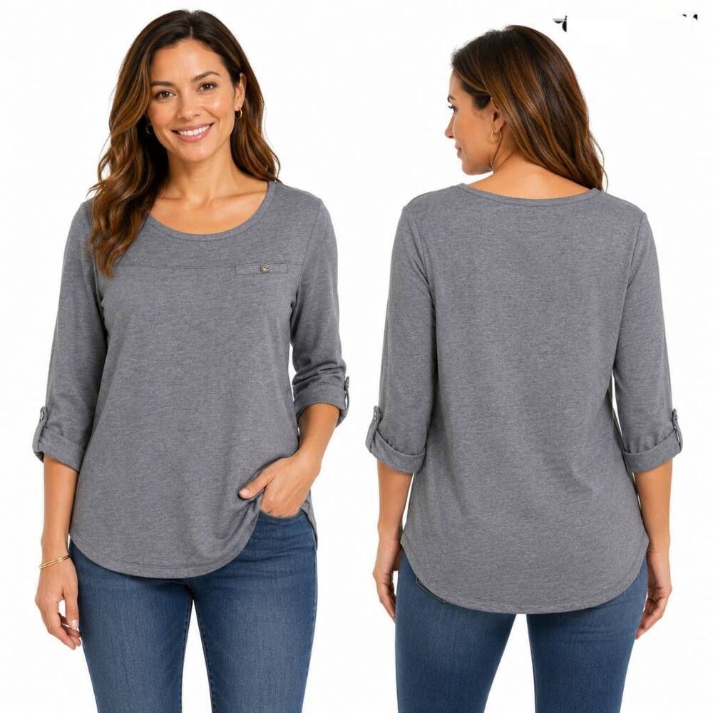 Croft & Barrow Gray 3/4 Sleeve Knit Top Large